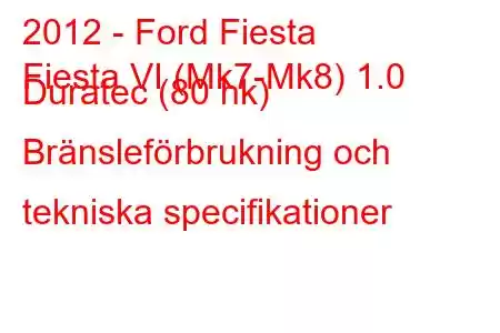 2012 - Ford Fiesta
Fiesta VI (Mk7-Mk8) 1.0 Duratec (80 hk) Bränsleförbrukning och tekniska specifikationer