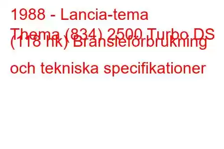 1988 - Lancia-tema
Thema (834) 2500 Turbo DS (118 hk) Bränsleförbrukning och tekniska specifikationer