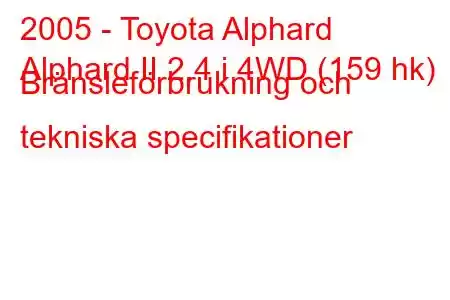 2005 - Toyota Alphard
Alphard II 2.4 i 4WD (159 hk) Bränsleförbrukning och tekniska specifikationer