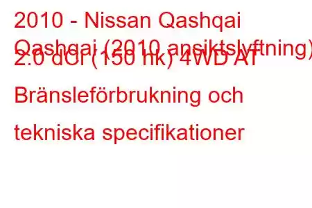 2010 - Nissan Qashqai
Qashqai (2010 ansiktslyftning) 2.0 dCi (150 hk) 4WD AT Bränsleförbrukning och tekniska specifikationer