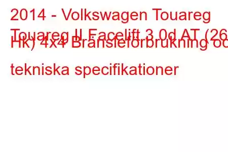 2014 - Volkswagen Touareg
Touareg II Facelift 3.0d AT (262 Hk) 4x4 Bränsleförbrukning och tekniska specifikationer