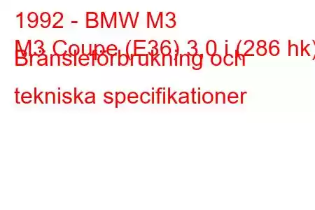 1992 - BMW M3
M3 Coupe (E36) 3,0 i (286 hk) Bränsleförbrukning och tekniska specifikationer