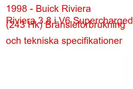 1998 - Buick Riviera
Riviera 3.8 i V6 Supercharged (243 Hk) Bränsleförbrukning och tekniska specifikationer