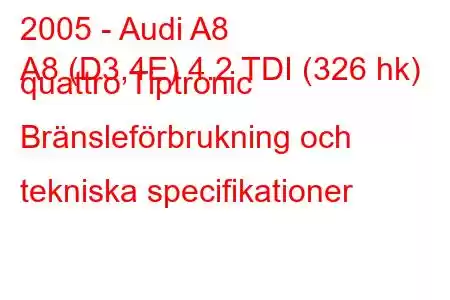 2005 - Audi A8
A8 (D3,4E) 4.2 TDI (326 hk) quattro Tiptronic Bränsleförbrukning och tekniska specifikationer