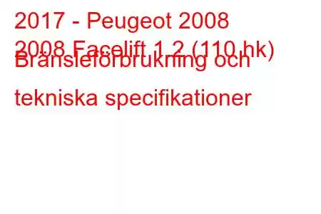 2017 - Peugeot 2008
2008 Facelift 1.2 (110 hk) Bränsleförbrukning och tekniska specifikationer