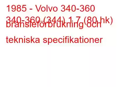 1985 - Volvo 340-360
340-360 (344) 1,7 (80 hk) bränsleförbrukning och tekniska specifikationer