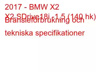 2017 - BMW X2
X2 SDrive18i -1,5 (140 hk) Bränsleförbrukning och tekniska specifikationer