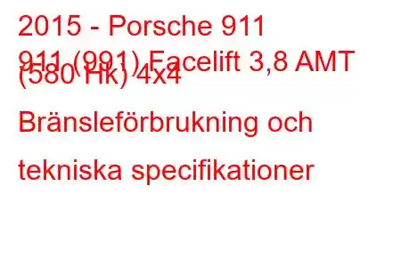 2015 - Porsche 911
911 (991) Facelift 3,8 AMT (580 Hk) 4x4 Bränsleförbrukning och tekniska specifikationer