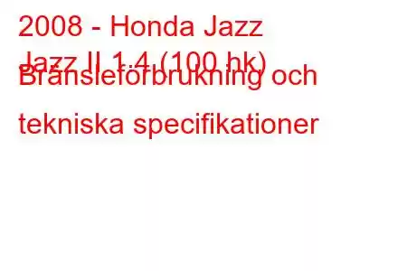 2008 - Honda Jazz
Jazz II 1.4 (100 hk) Bränsleförbrukning och tekniska specifikationer