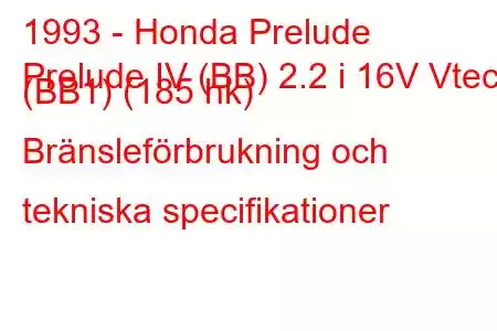 1993 - Honda Prelude
Prelude IV (BB) 2.2 i 16V Vtec (BB1) (185 hk) Bränsleförbrukning och tekniska specifikationer