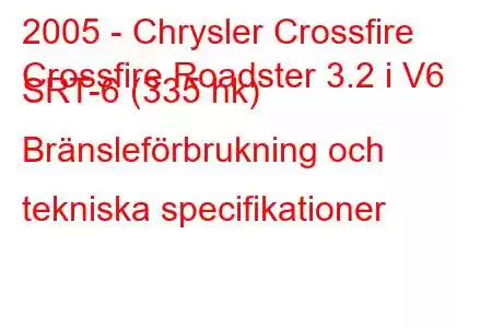 2005 - Chrysler Crossfire
Crossfire Roadster 3.2 i V6 SRT-6 (335 hk) Bränsleförbrukning och tekniska specifikationer