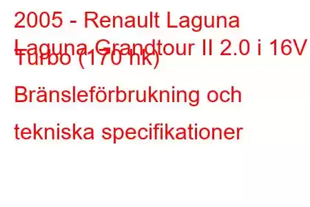 2005 - Renault Laguna
Laguna Grandtour II 2.0 i 16V Turbo (170 hk) Bränsleförbrukning och tekniska specifikationer