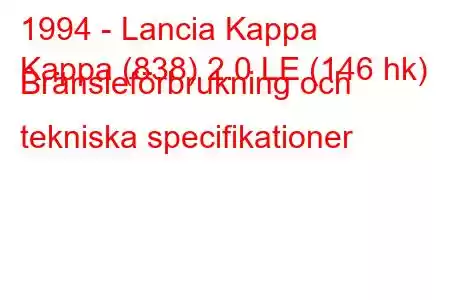 1994 - Lancia Kappa
Kappa (838) 2.0 LE (146 hk) Bränsleförbrukning och tekniska specifikationer