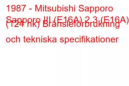 1987 - Mitsubishi Sapporo
Sapporo III (E16A) 2.3 (E16A) (124 hk) Bränsleförbrukning och tekniska specifikationer