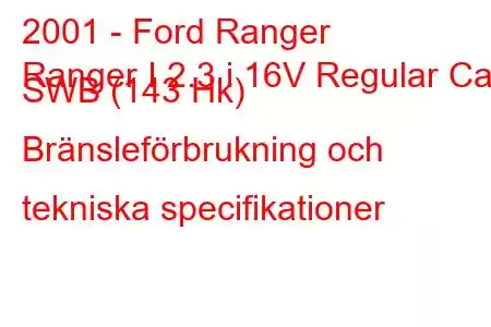 2001 - Ford Ranger
Ranger I 2.3 i 16V Regular Cab SWB (143 Hk) Bränsleförbrukning och tekniska specifikationer