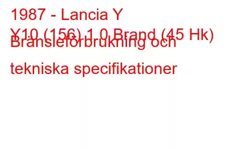 1987 - Lancia Y
Y10 (156) 1.0 Brand (45 Hk) Bränsleförbrukning och tekniska specifikationer