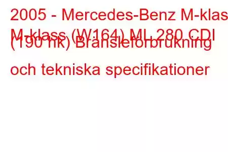 2005 - Mercedes-Benz M-klass
M-klass (W164) ML 280 CDI (190 hk) Bränsleförbrukning och tekniska specifikationer