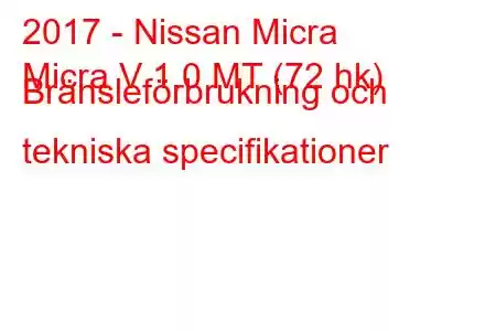 2017 - Nissan Micra
Micra V 1.0 MT (72 hk) Bränsleförbrukning och tekniska specifikationer