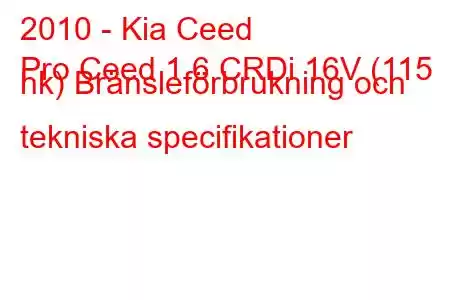 2010 - Kia Ceed
Pro Ceed 1.6 CRDi 16V (115 hk) Bränsleförbrukning och tekniska specifikationer