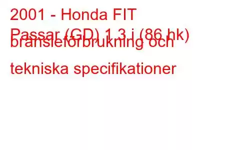 2001 - Honda FIT
Passar (GD) 1,3 i (86 hk) bränsleförbrukning och tekniska specifikationer