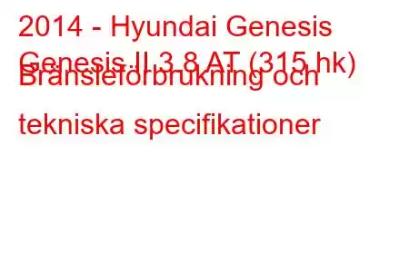 2014 - Hyundai Genesis
Genesis II 3.8 AT (315 hk) Bränsleförbrukning och tekniska specifikationer