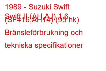 1989 - Suzuki Swift
Swift II (AH,AJ) 1.6 (SF416,AH14) (95 hk) Bränsleförbrukning och tekniska specifikationer