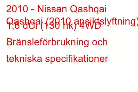 2010 - Nissan Qashqai
Qashqai (2010 ansiktslyftning) 1,6 dCi (130 hk) 4WD Bränsleförbrukning och tekniska specifikationer