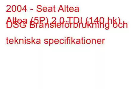 2004 - Seat Altea
Altea (5P) 2.0 TDI (140 hk) DSG Bränsleförbrukning och tekniska specifikationer