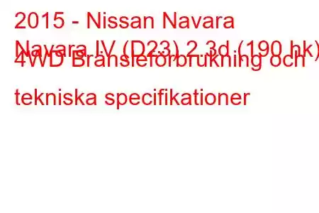 2015 - Nissan Navara
Navara IV (D23) 2.3d (190 hk) 4WD Bränsleförbrukning och tekniska specifikationer