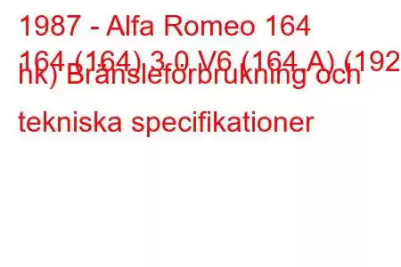 1987 - Alfa Romeo 164
164 (164) 3.0 V6 (164.A) (192 hk) Bränsleförbrukning och tekniska specifikationer