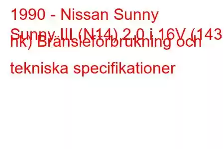 1990 - Nissan Sunny
Sunny III (N14) 2.0 i 16V (143 hk) Bränsleförbrukning och tekniska specifikationer