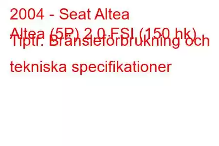 2004 - Seat Altea
Altea (5P) 2.0 FSI (150 hk) Tiptr. Bränsleförbrukning och tekniska specifikationer