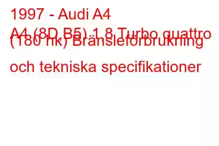 1997 - Audi A4
A4 (8D,B5) 1,8 Turbo quattro (180 hk) Bränsleförbrukning och tekniska specifikationer