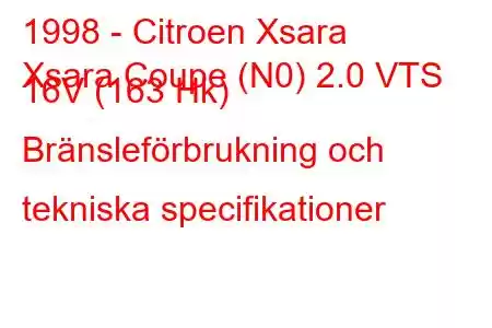 1998 - Citroen Xsara
Xsara Coupe (N0) 2.0 VTS 16V (163 Hk) Bränsleförbrukning och tekniska specifikationer