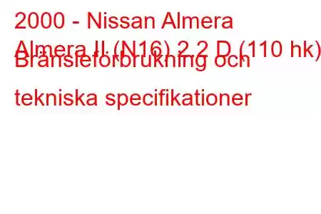 2000 - Nissan Almera
Almera II (N16) 2.2 D (110 hk) Bränsleförbrukning och tekniska specifikationer