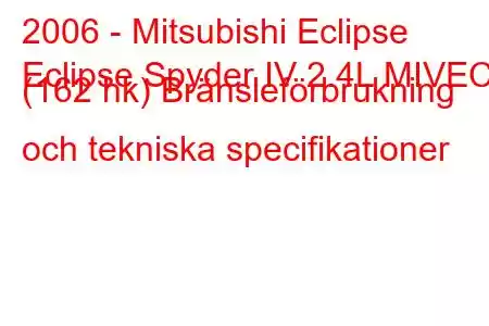 2006 - Mitsubishi Eclipse
Eclipse Spyder IV 2.4L MIVEC (162 hk) Bränsleförbrukning och tekniska specifikationer