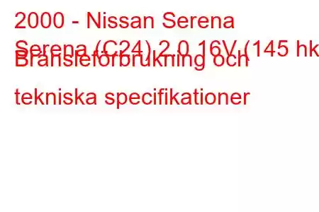 2000 - Nissan Serena
Serena (C24) 2.0 16V (145 hk) Bränsleförbrukning och tekniska specifikationer