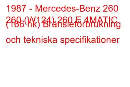 1987 - Mercedes-Benz 260
260 (W124) 260 E 4MATIC (166 hk) Bränsleförbrukning och tekniska specifikationer