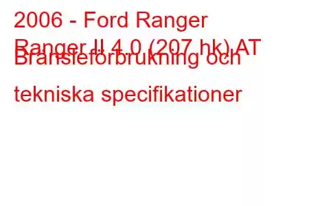 2006 - Ford Ranger
Ranger II 4.0 (207 hk) AT Bränsleförbrukning och tekniska specifikationer