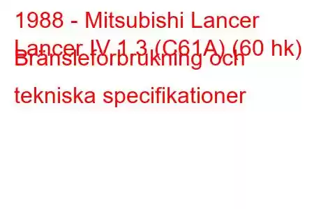 1988 - Mitsubishi Lancer
Lancer IV 1.3 (C61A) (60 hk) Bränsleförbrukning och tekniska specifikationer