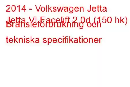 2014 - Volkswagen Jetta
Jetta VI Facelift 2.0d (150 hk) Bränsleförbrukning och tekniska specifikationer