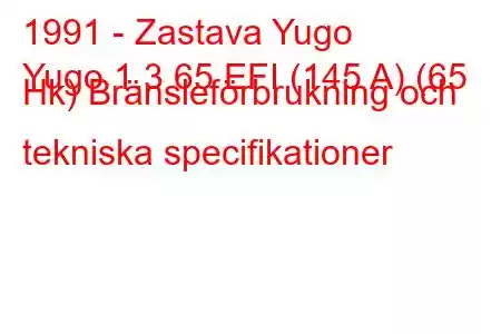 1991 - Zastava Yugo
Yugo 1.3 65 EFI (145 A) (65 Hk) Bränsleförbrukning och tekniska specifikationer