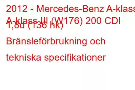 2012 - Mercedes-Benz A-klass
A-klass III (W176) 200 CDI 1,8d (136 hk) Bränsleförbrukning och tekniska specifikationer