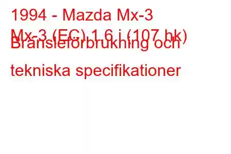 1994 - Mazda Mx-3
Mx-3 (EC) 1,6 i (107 hk) Bränsleförbrukning och tekniska specifikationer