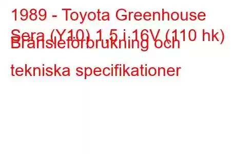 1989 - Toyota Greenhouse
Sera (Y10) 1,5 i 16V (110 hk) Bränsleförbrukning och tekniska specifikationer