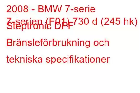 2008 - BMW 7-serie
7-serien (F01) 730 d (245 hk) Steptronic DPF Bränsleförbrukning och tekniska specifikationer