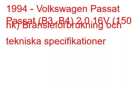 1994 - Volkswagen Passat
Passat (B3, B4) 2.0 16V (150 hk) Bränsleförbrukning och tekniska specifikationer