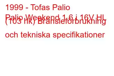 1999 - Tofas Palio
Palio Weekend 1.6 i 16V HL (103 hk) Bränsleförbrukning och tekniska specifikationer