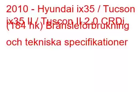 2010 - Hyundai ix35 / Tucson
ix35 II / Tuscon II 2.0 CRDi (184 hk) Bränsleförbrukning och tekniska specifikationer