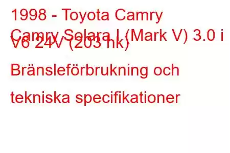 1998 - Toyota Camry
Camry Solara I (Mark V) 3.0 i V6 24V (203 hk) Bränsleförbrukning och tekniska specifikationer